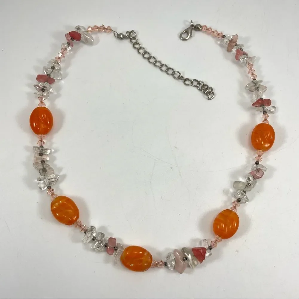 Beautiful Necklace Rose Cherry Clear Quartz Nugget Orange Glass Beaded Statement